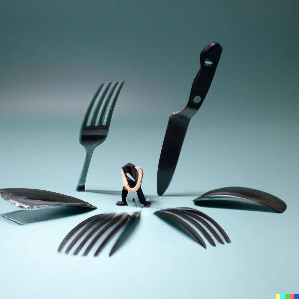 a representation of anxiety made from miniature kitchen utensils